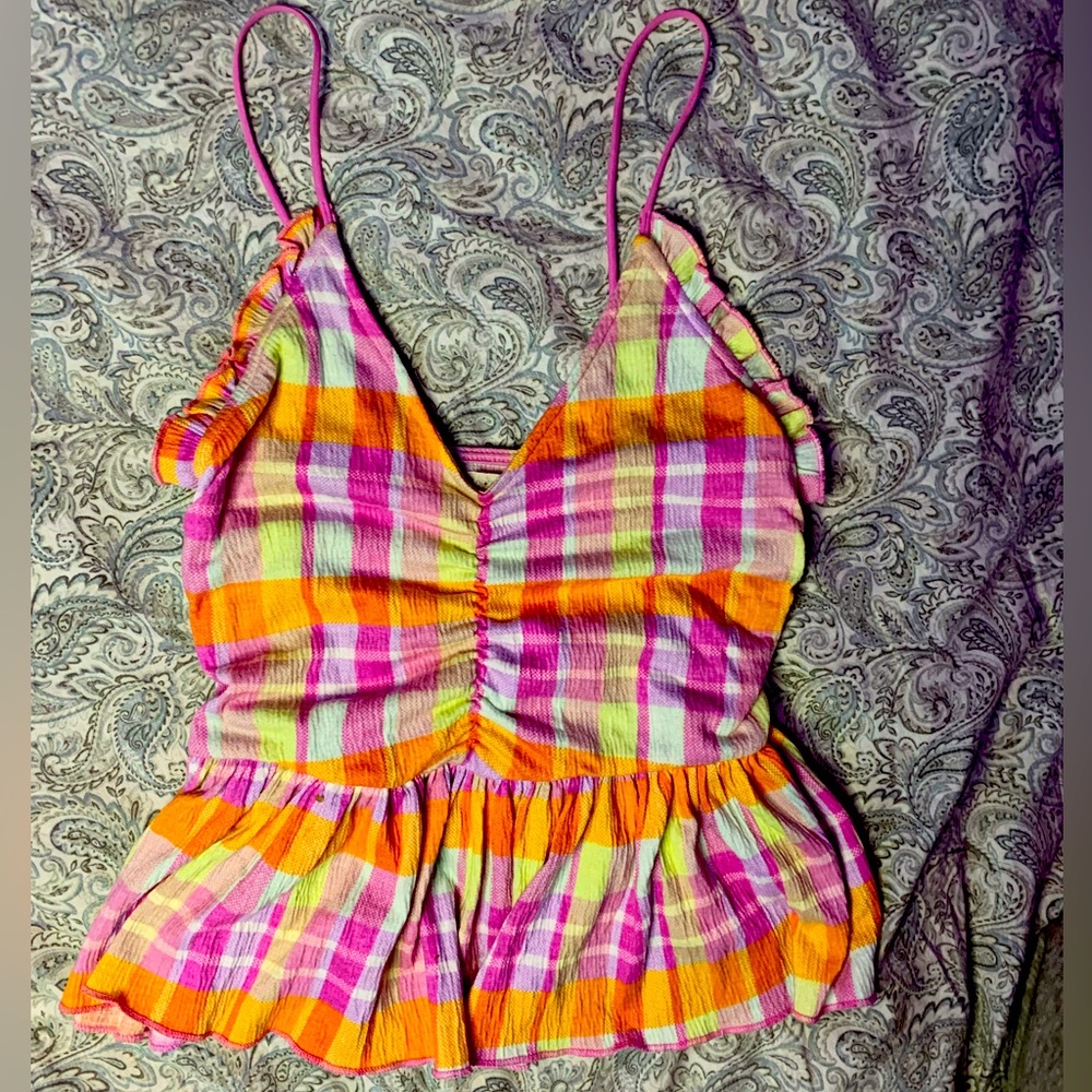 Urban Outfitters Flowey Multicolored Flannel Design Tank Top W/ Cinched Waist